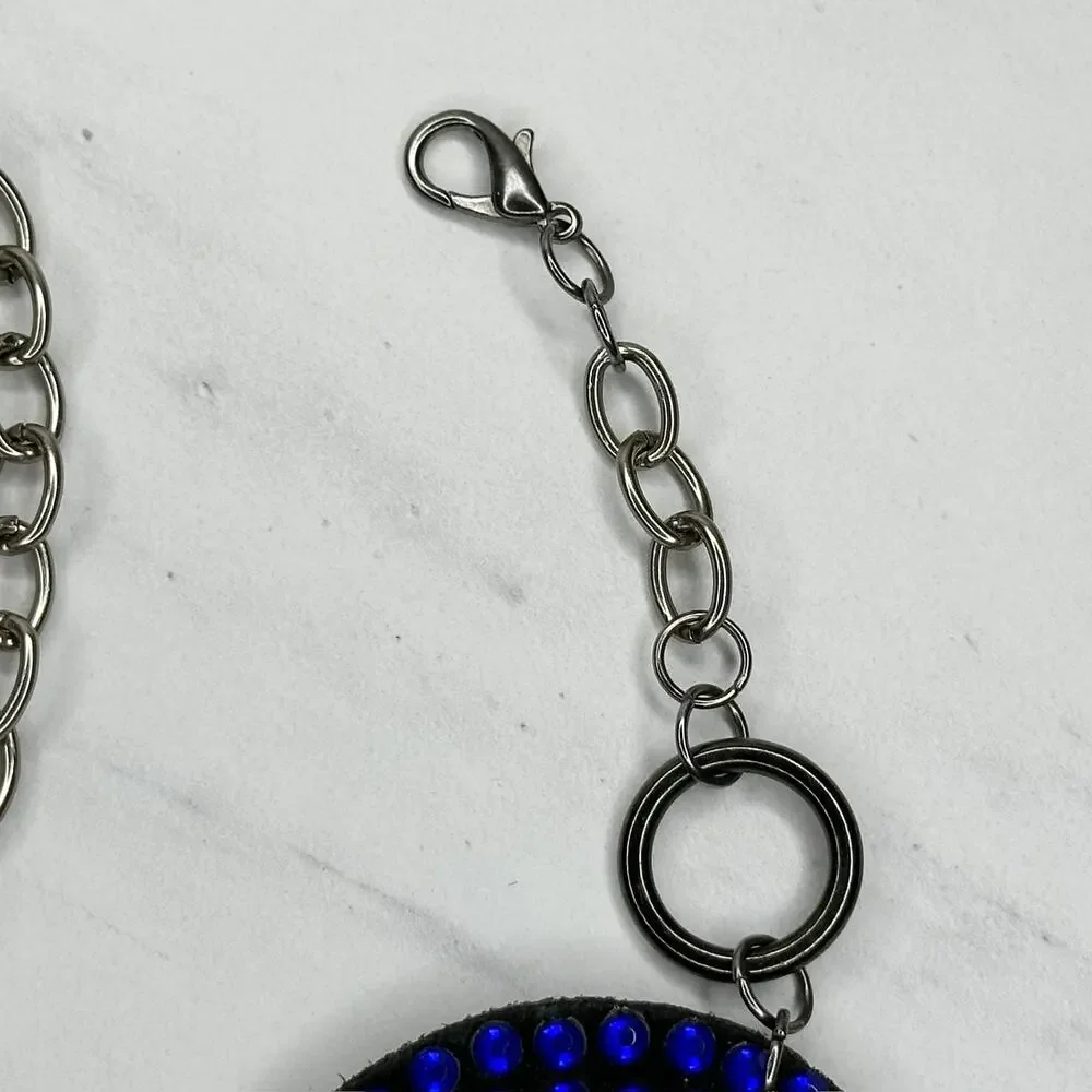 Blue Rhinestone Studded Silver Tone Chain Link Belt OS One Size